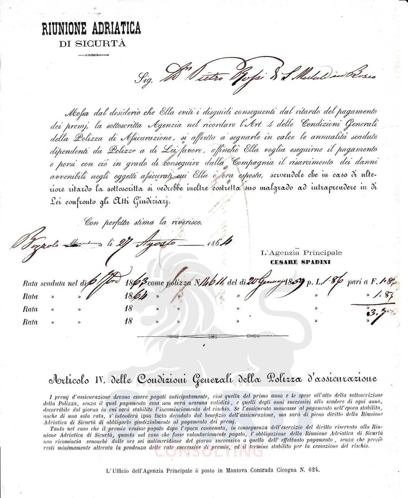 Avviso di Scadenza e Lettera di Sollecito della Riunione Adriatica di Sicurtà (Bozzolo/Mantova, 1864)