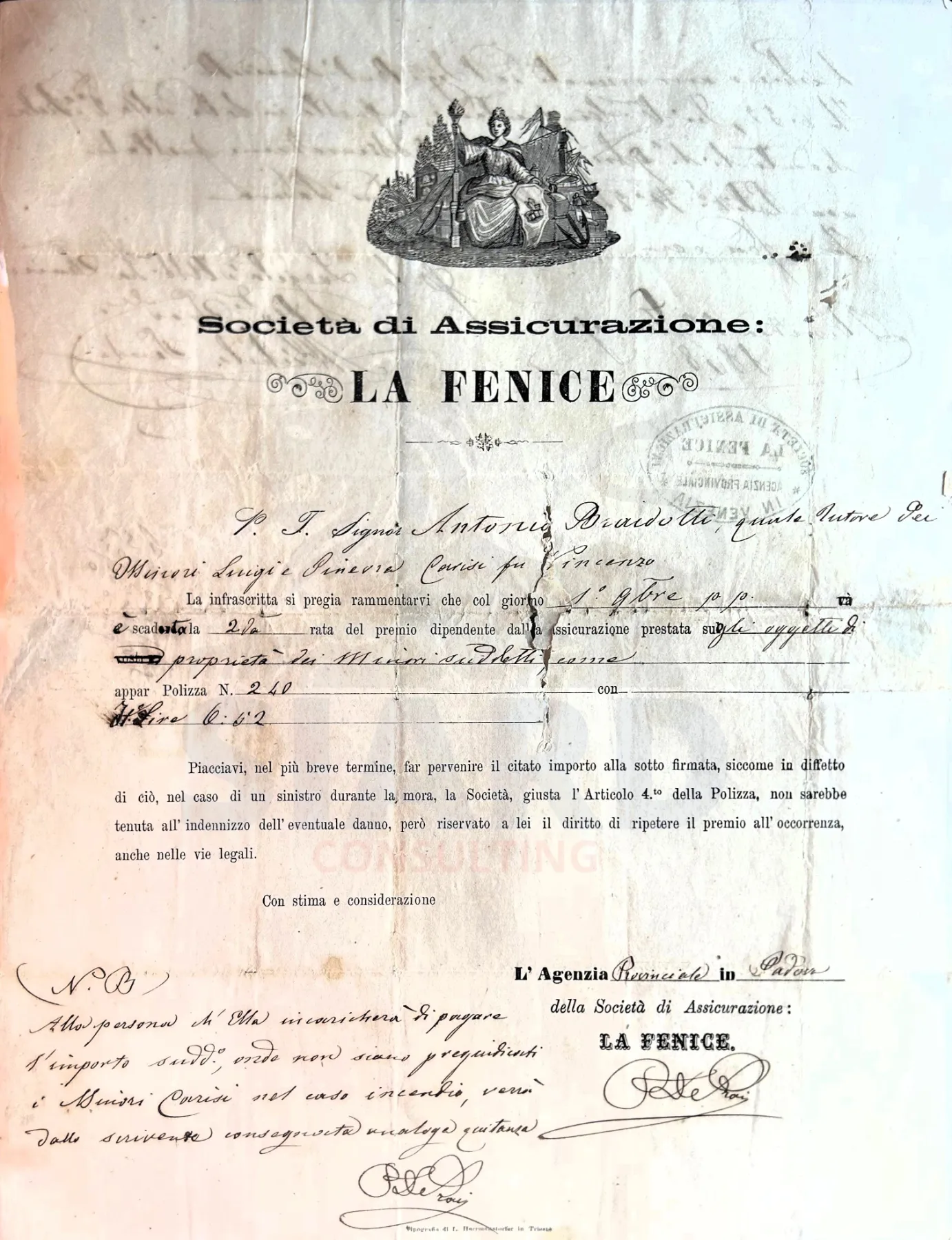 Avviso di Scadenza e Lettera di Sollecito della Società di Assicurazione "La Fenice" (Padova/Venezia, 1868)