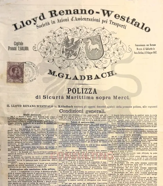 🏛️ Collezione Storica: Polizza di Sicurtà Marittima sopra Merci "Lloyd Renano-Westfalo" (Palermo, 1912)