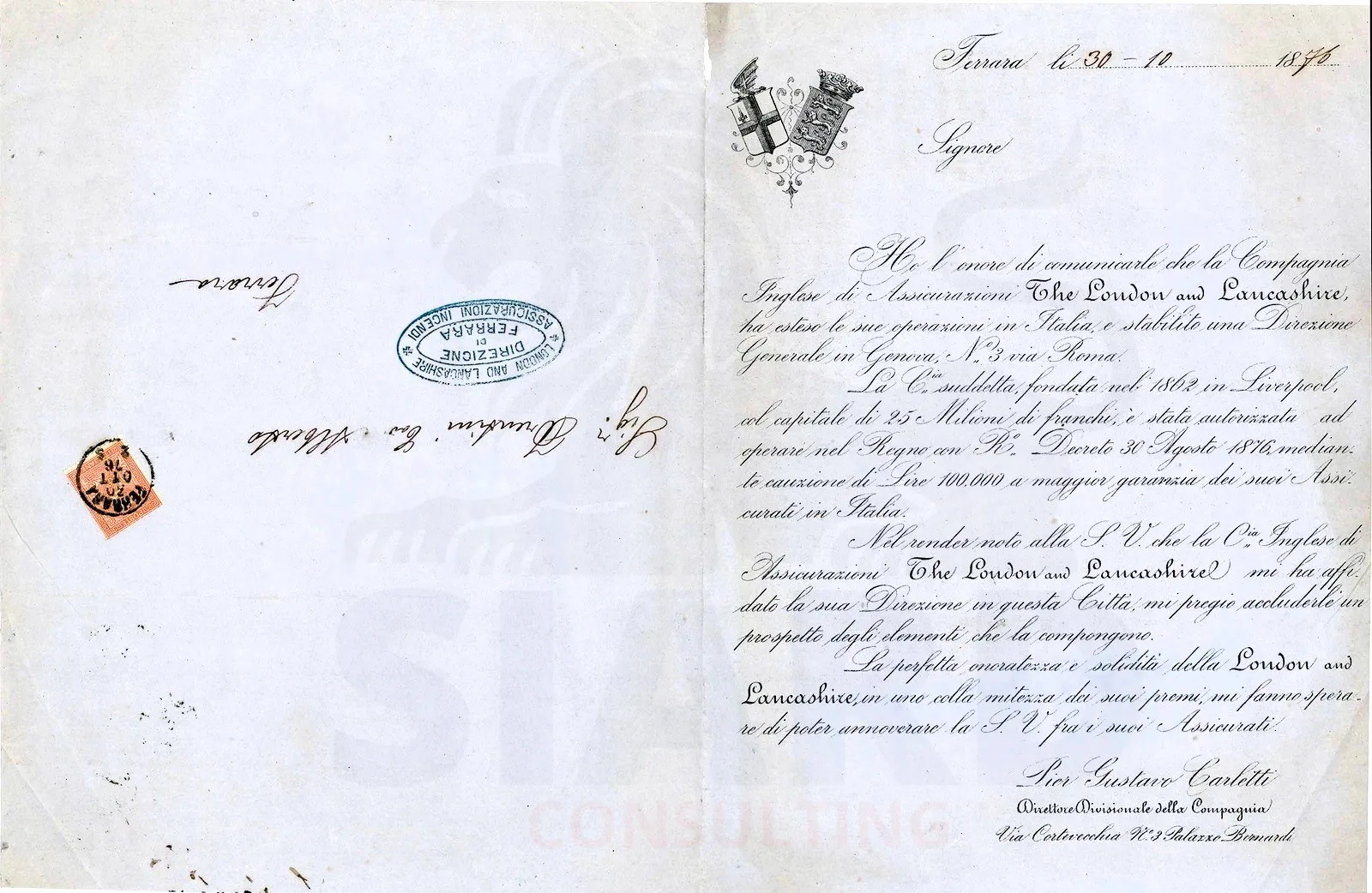 Lettera Circolare d'Insediamento e Prospetto di Bilancio "The London & Lancashire" (Ferrara, 1876)
