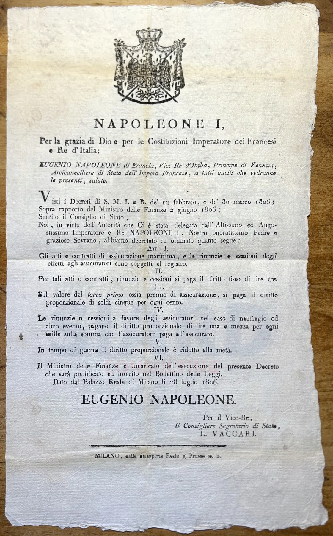 Decreto Istituzionale sulle Assicurazioni Marittime e Diritti di Registro (Milano, 1806)