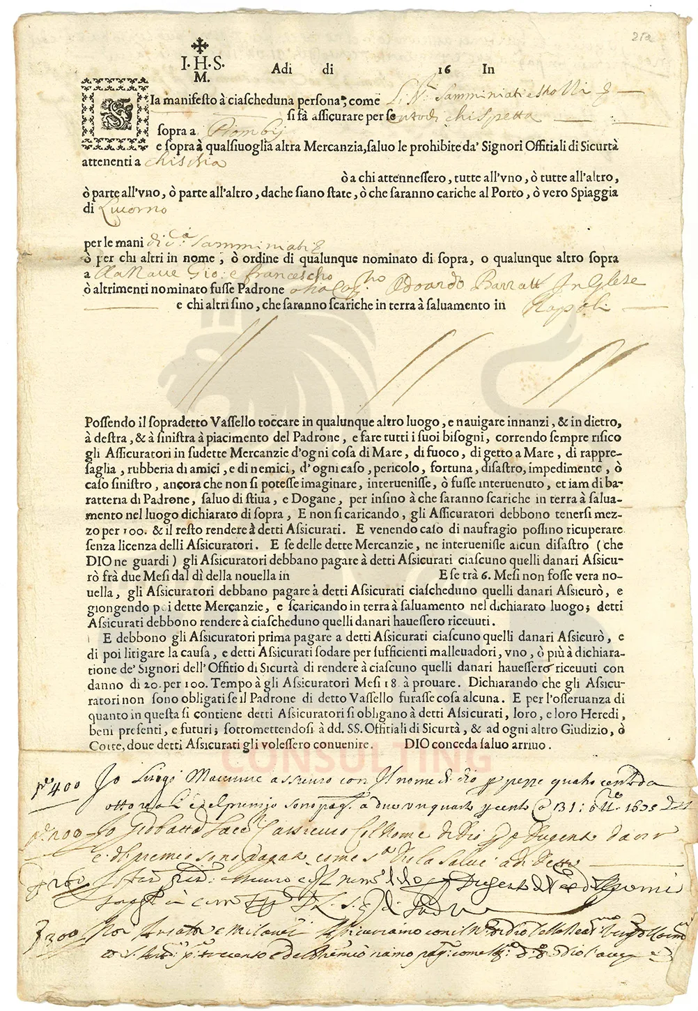🏛️ Polizza di Assicurazione Marittima (Livorno, 1675)