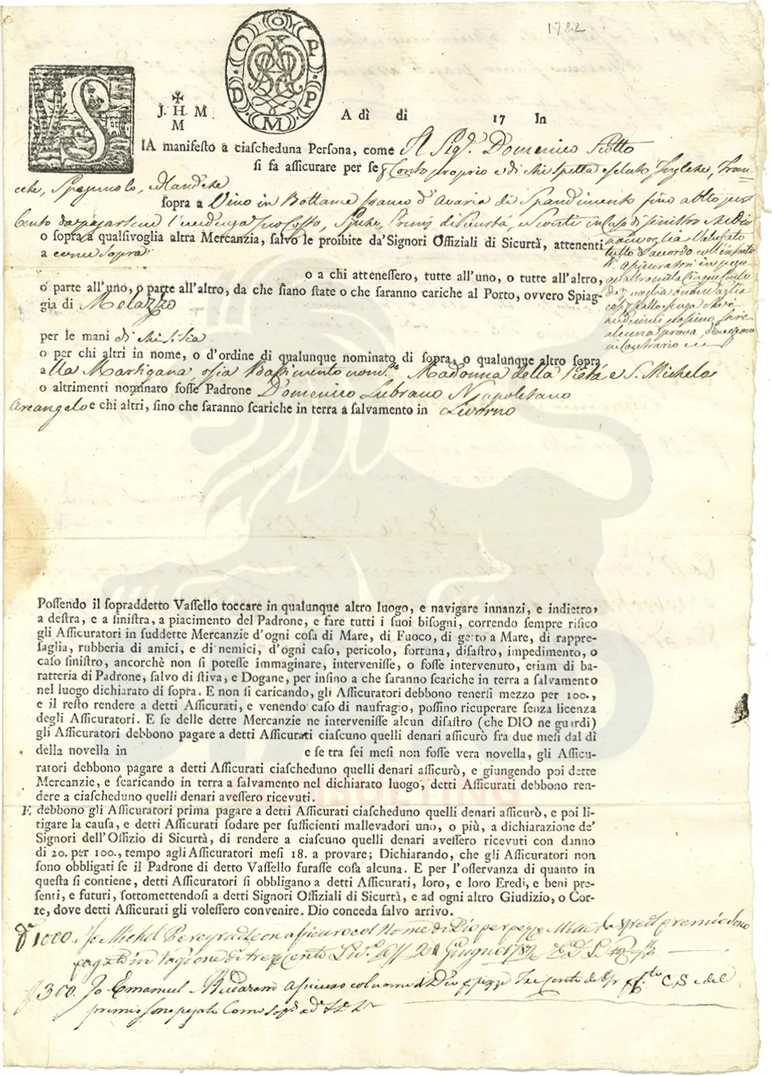 Polizza di Sicurtà Marittima del Porto Franco di Livorno (1782)