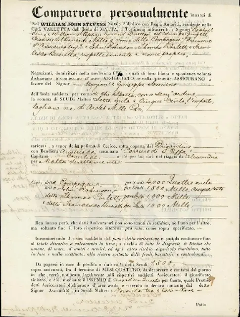 Polizza di Sicurtà Marittima in Co-assicurazione (Malta, 1843)