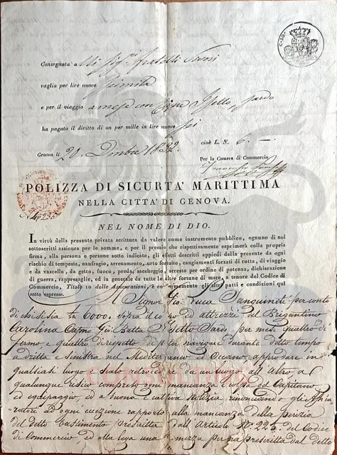 🏛️ Polizza di Sicurtà Marittima su scafo (Genova, 1832)