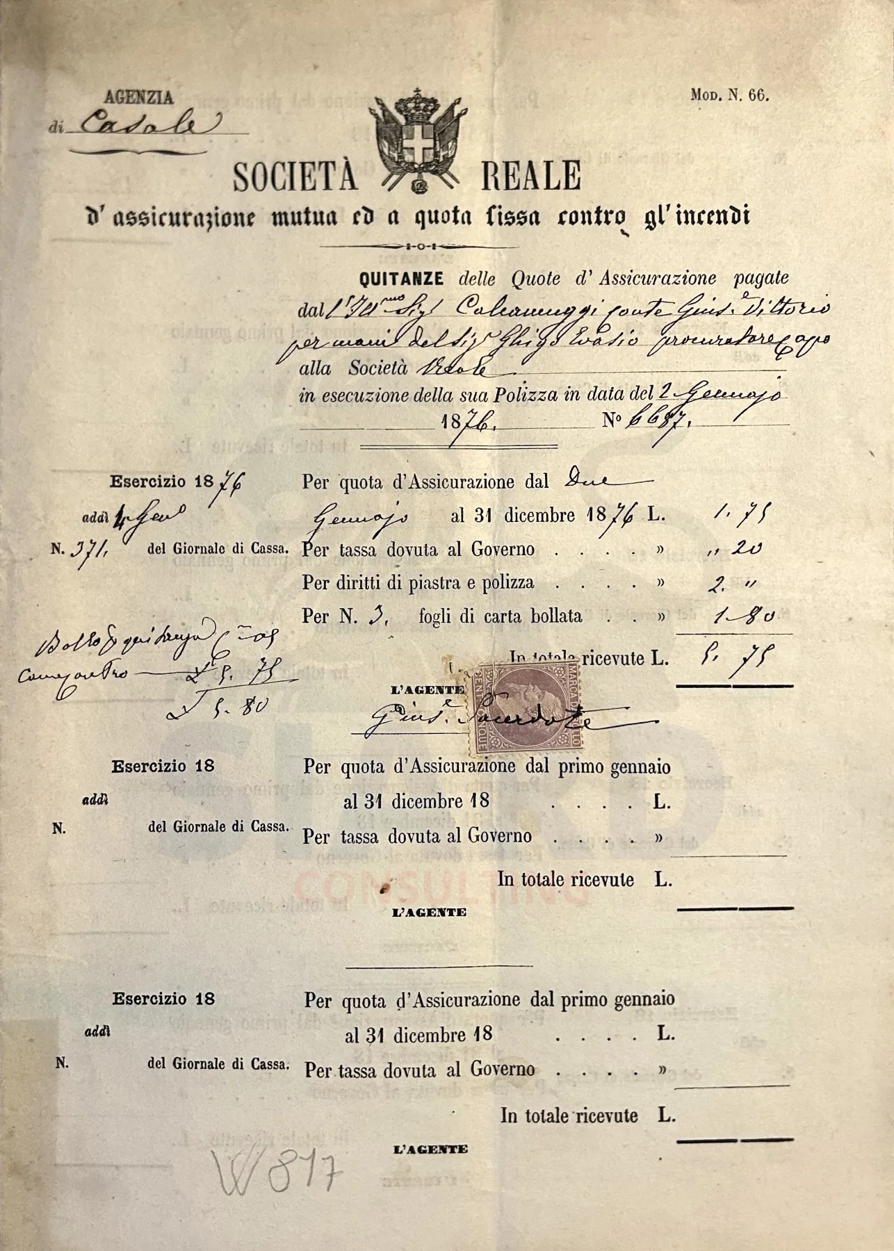 Quietanza di Rinnovo della Società Reale d’Assicurazione Mutua (Casale Monferrato, 1876)